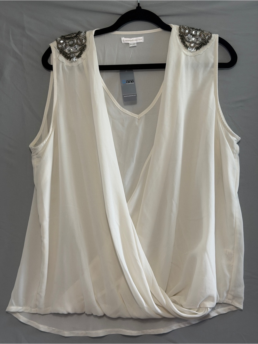 Warehouse One Womens Sheer Sleeveless Blouse Size XL Cream Beaded Shoulder READ